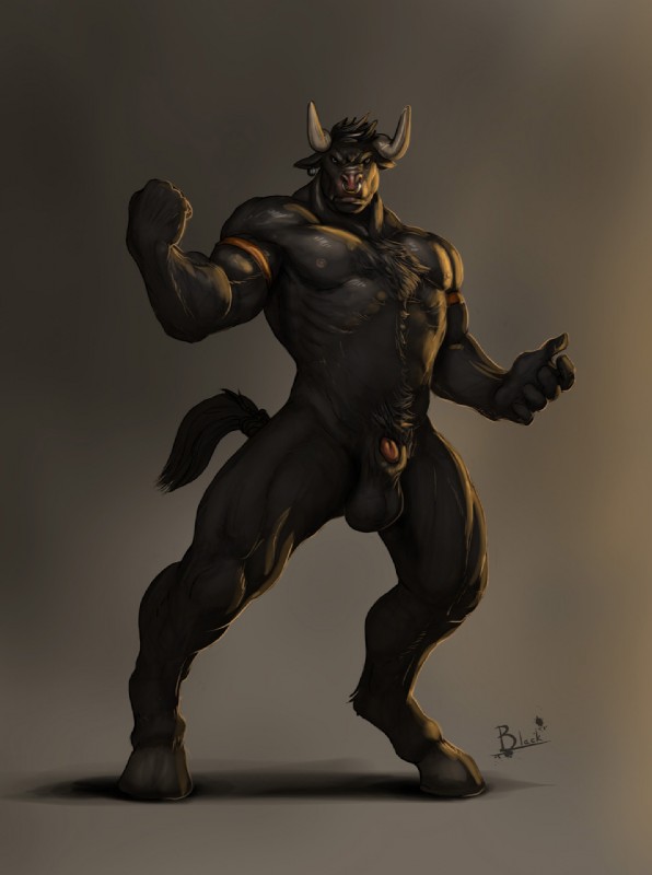 A black-furred, dark skinned bull-man, muscular, male, musky, indubitably
